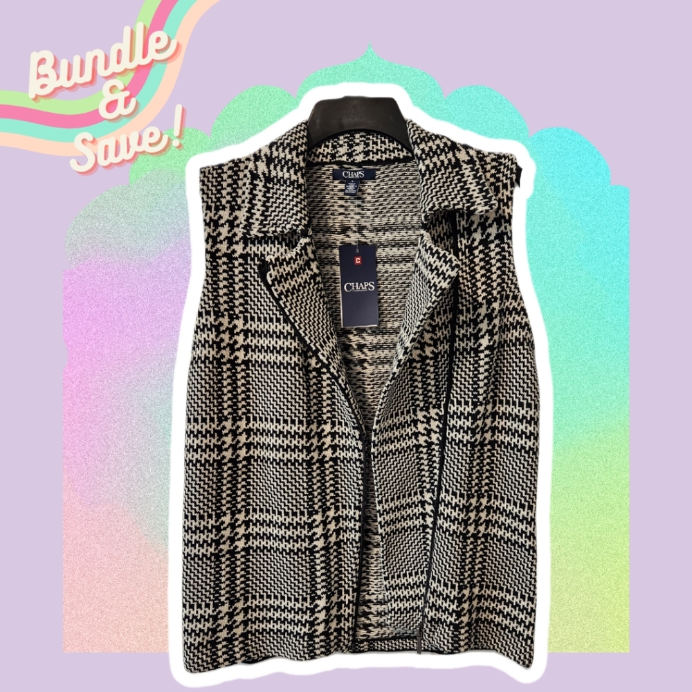 NEW Checkered Houndstooth Asymmetrical Zip Up Knit Sweater Vest - Chaps